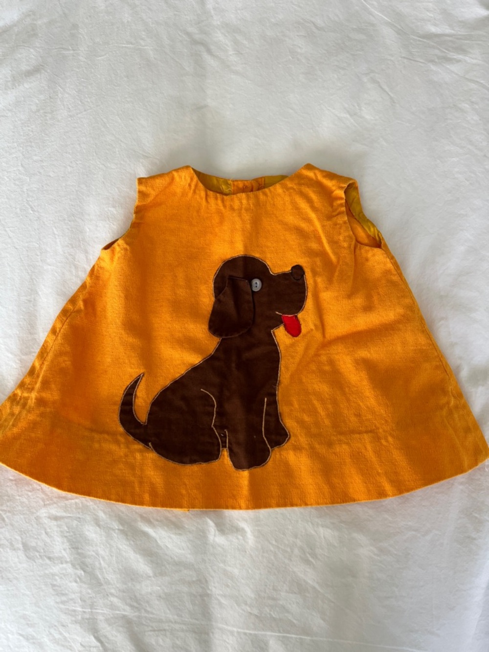 Vintage Orange Toddler Dress with Brown Puppy Applique